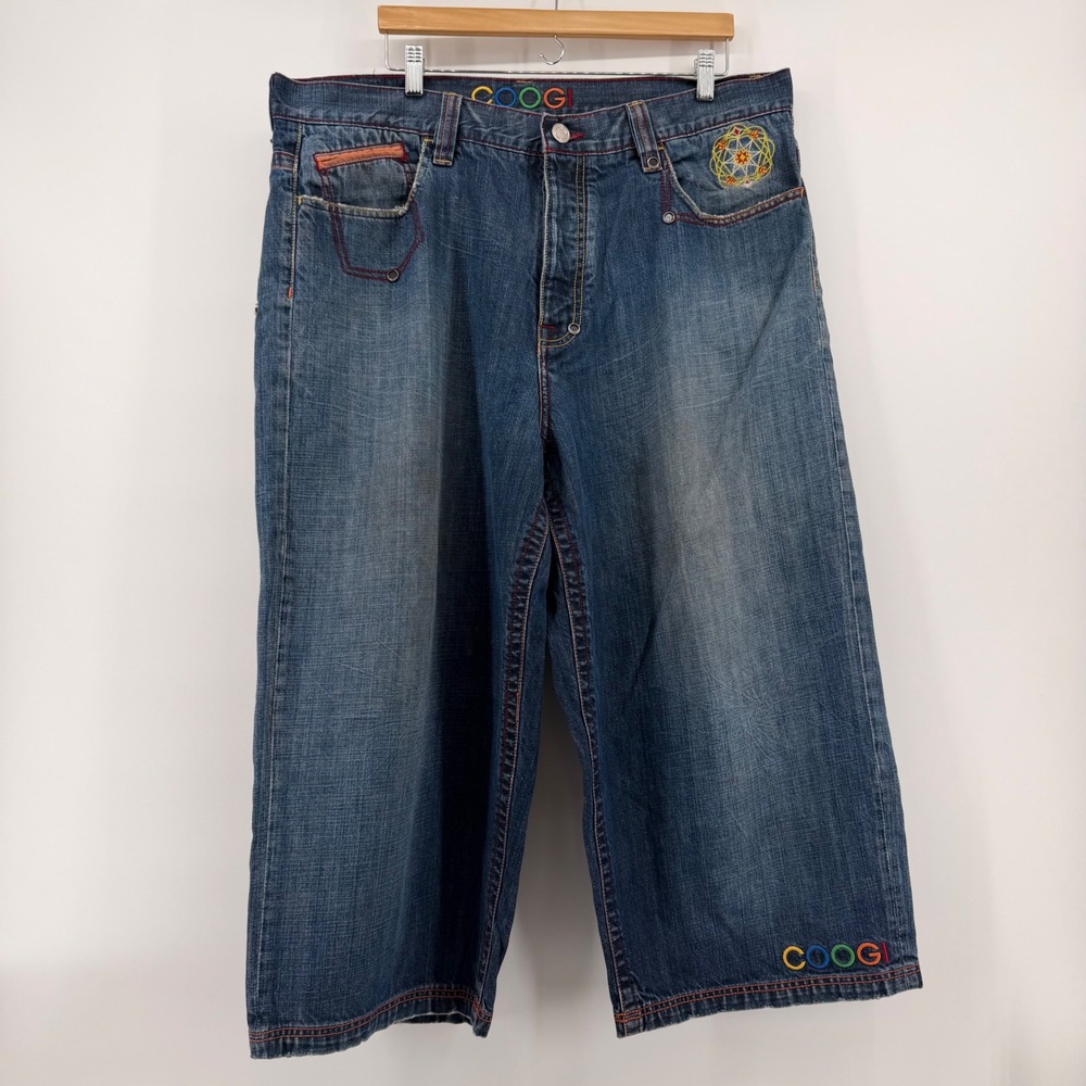 Coogi Baggy Cropped Jeans Mens W42 Embroidered Streetwear Y2K Hip Hop